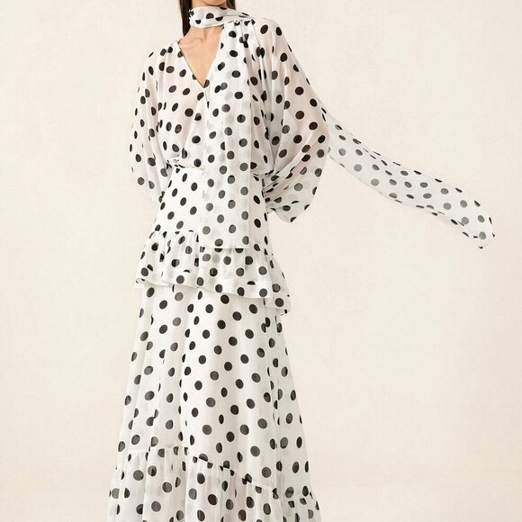 Elegant Women's Polka Dot Bowknot Flare Sleeve Ruffle top & Maxi skirt set
